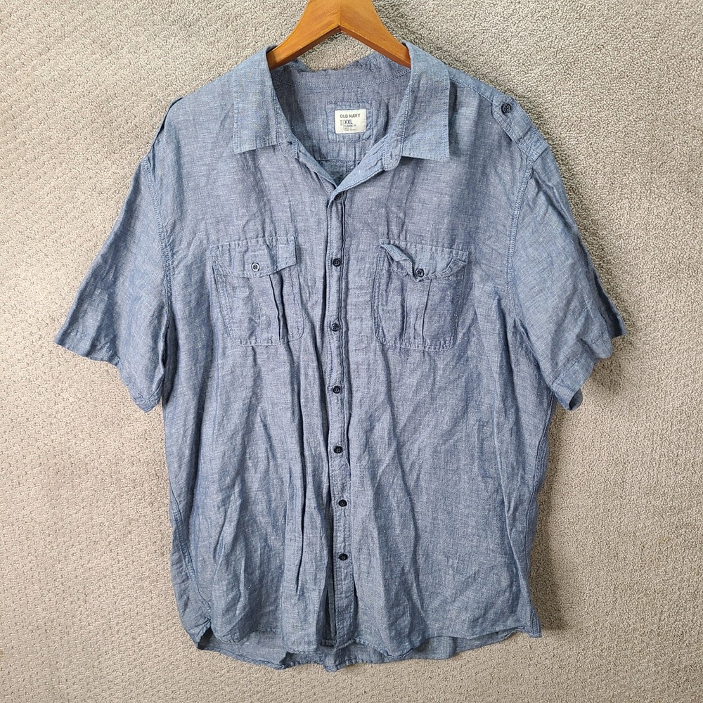 Old Navy Shirt Mens XXL Blue Linen Cotton Classic Fit Button Down Short Sleeve